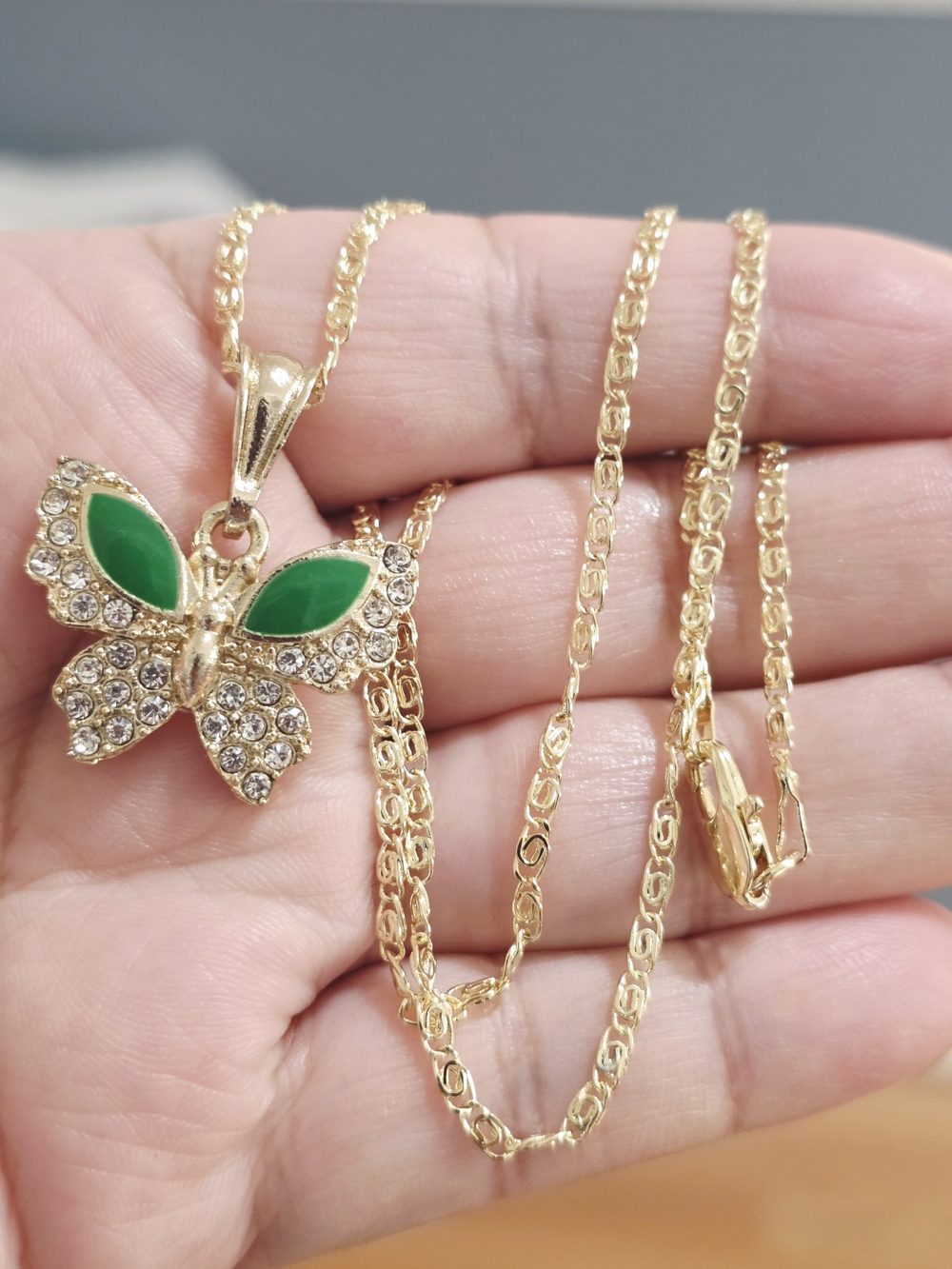 Gold Butterfly Pendant Necklace with Green Enamel Wings